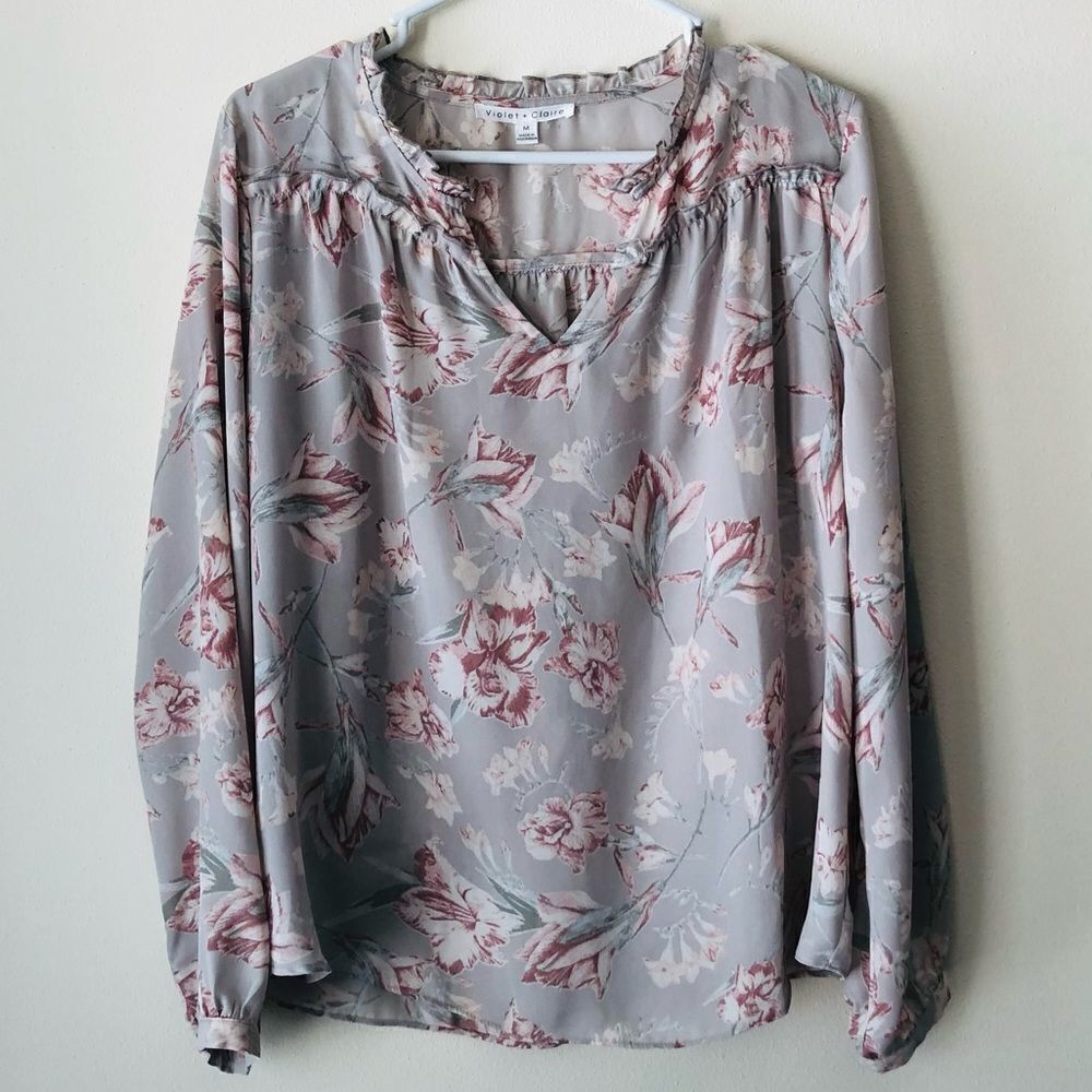 Grey Floral Long Sleeve Blouse Medium
